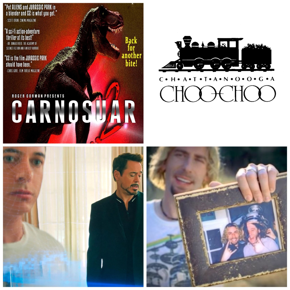 Carnosaur 2, the Chattanooga Choo Choo, a young/old Tony Stark in Captain America: Civil War, and Nickelback's Photograph.