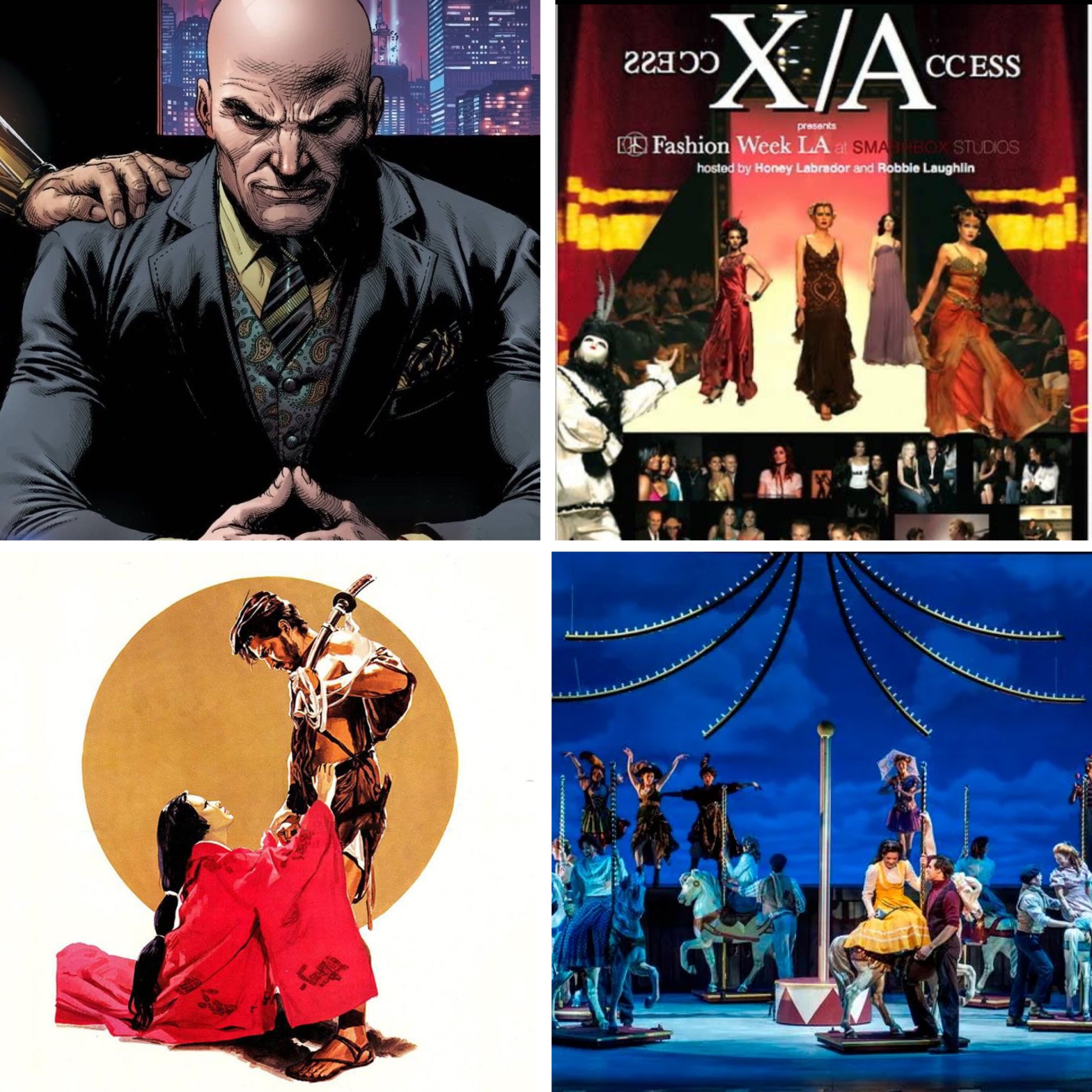 Lex Luthor, the tv show Xccess Access, Akira Kurosawa's Rashomon, and the musical Carousel.