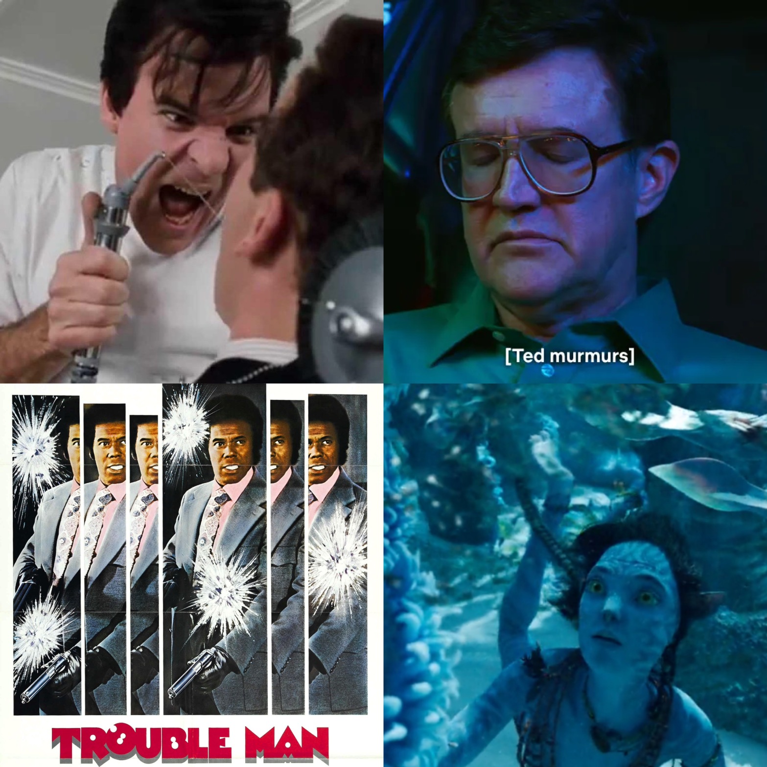 Steve Martin as the dentist from Little Shop of Horrors, the dad from Stranger Things, a poster for the movie Trouble Man, and an alien from Avatar The Way of Water.