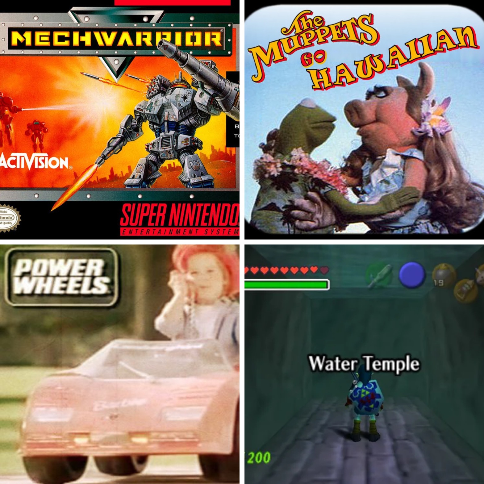 The cover of MechWarrior on SNES, The Muppets Go Hawaiian, a Power Wheels ad, and the Water Temple from Ocarina of Time.