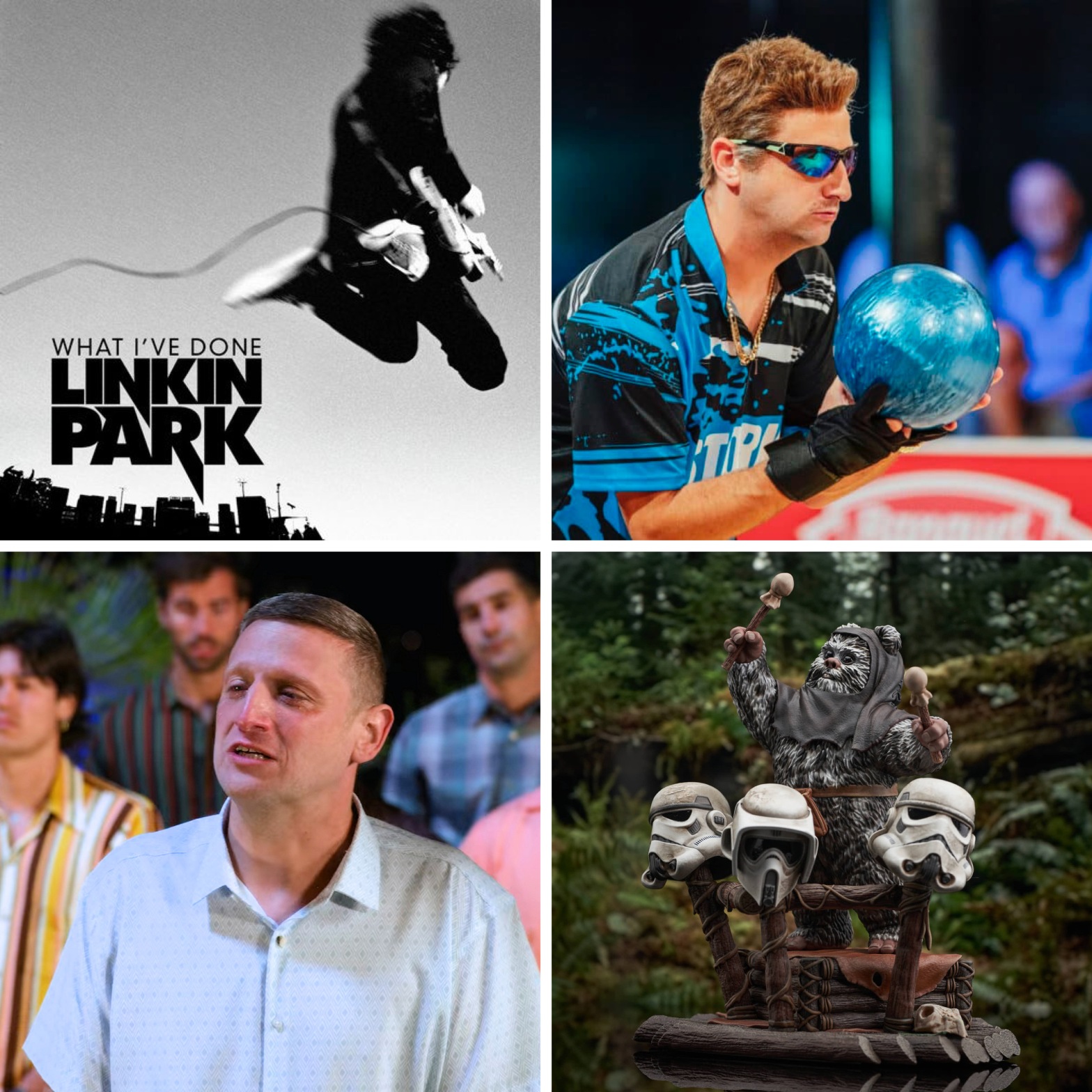 Linkin Park’s What I’ve Done, Tim Robinson bowling, Tim Robinson getting kicked off the island, and an Ewok playing helmet drums.