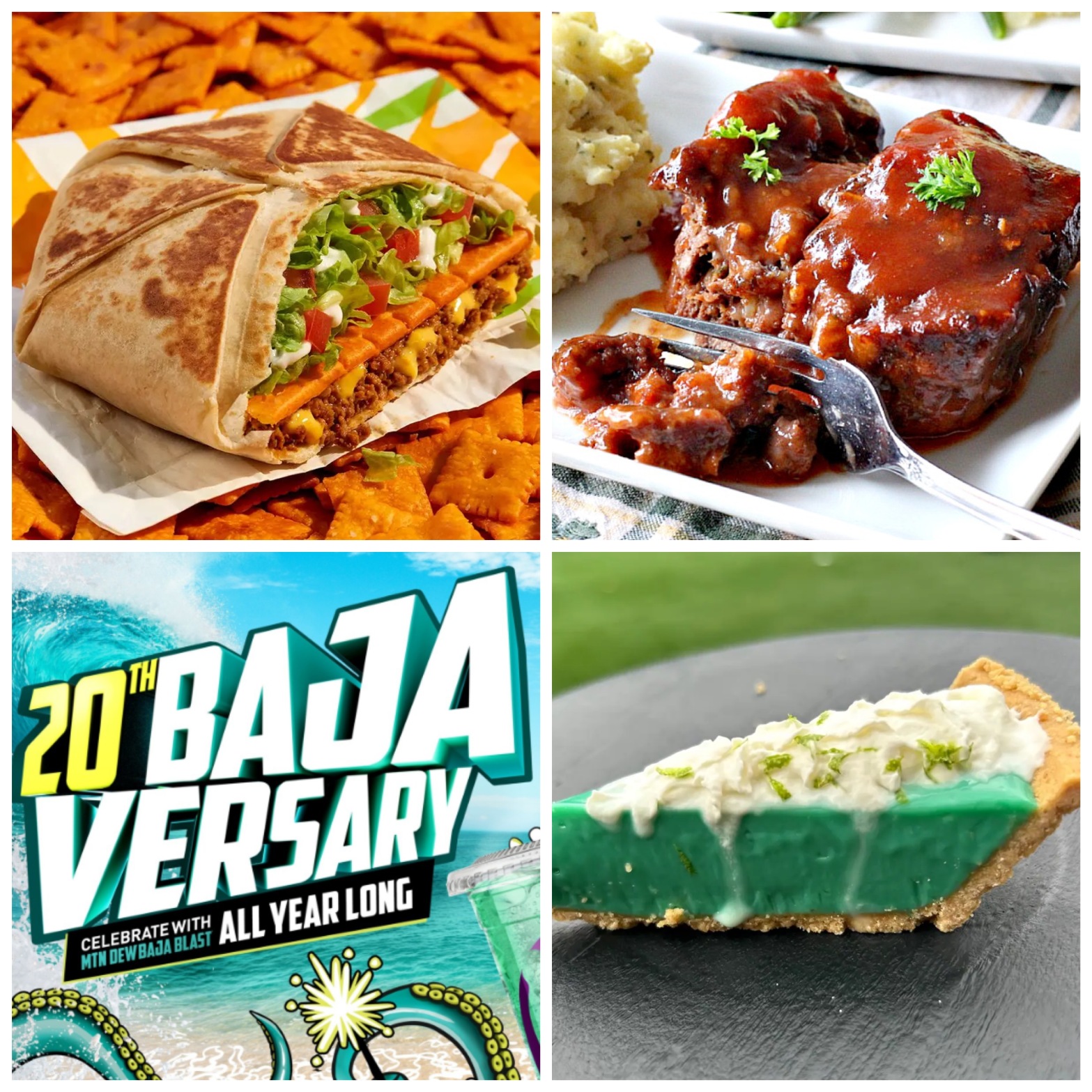 A crunchwrap supreme with a Cheez-It in the middle. A sweet and sour meatloaf. The 20th Baja Versary All Year Long. A Baja Blast cake??