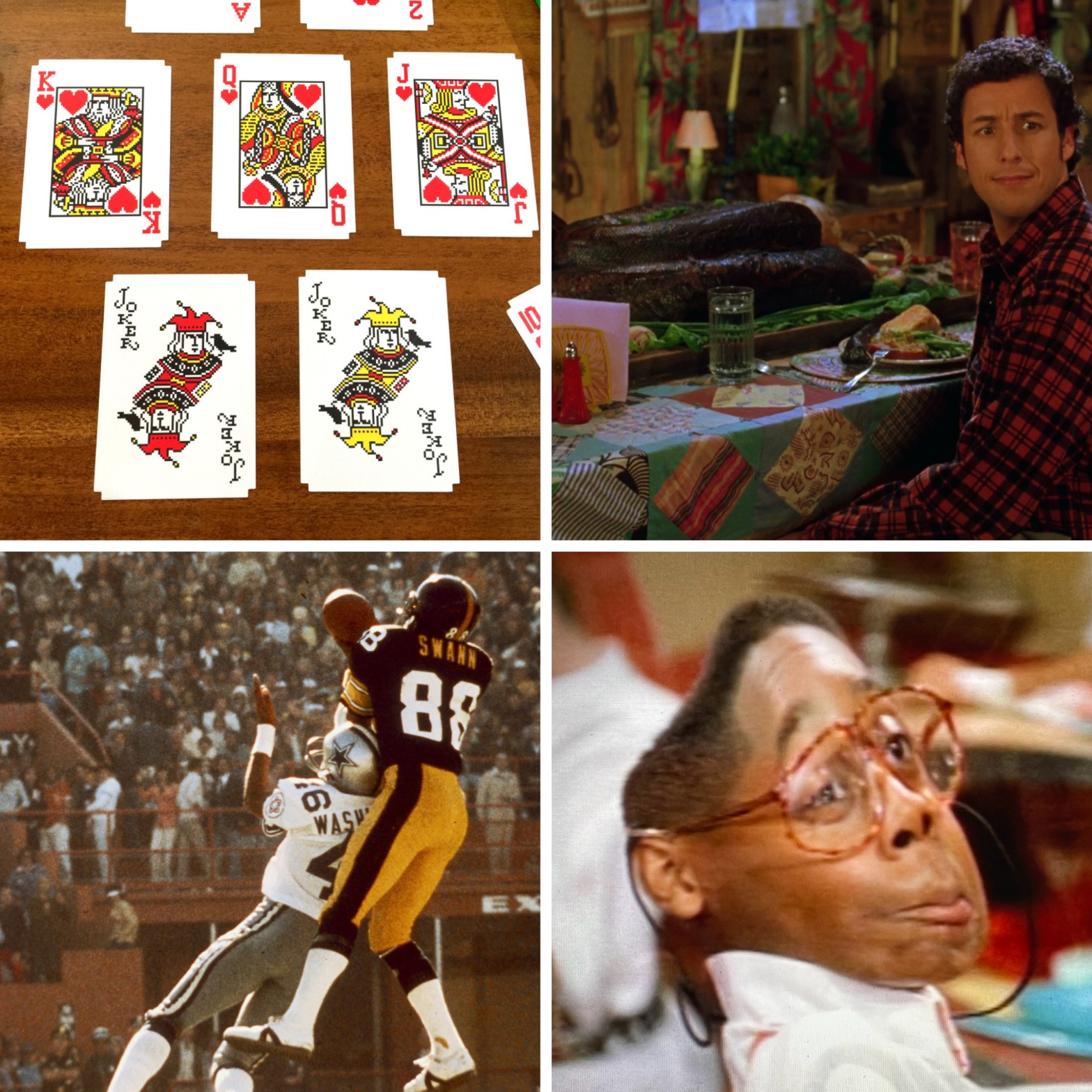 A deck of Microsoft Solitaire cards, Adam Sandler and a snake's knee in The Waterboy, Lynn Swann winning the Super Bowl MVP, and a trippy mid-water dissolve of Steve Urkel.