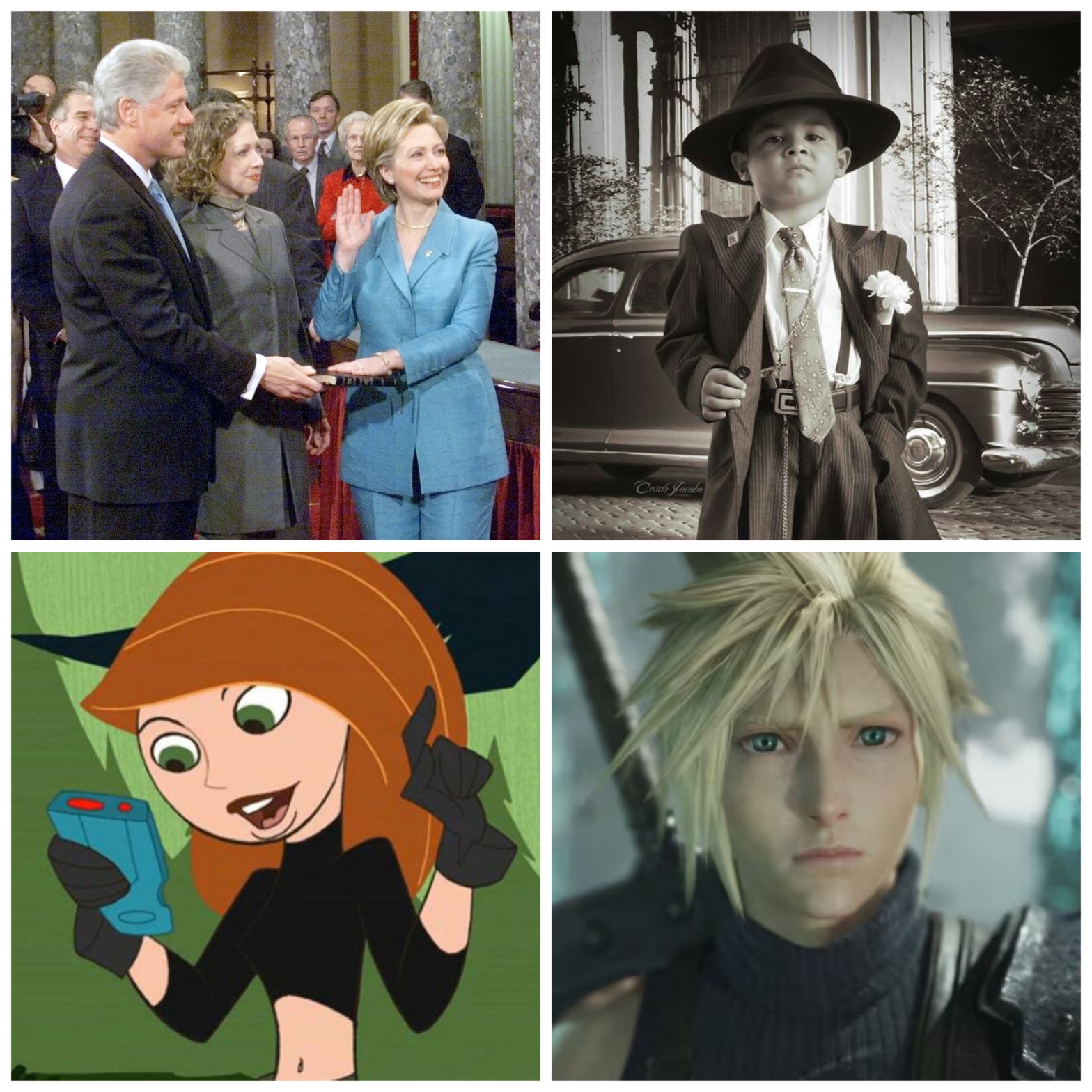 Hillary Clinton in a pantsuit, a baby gangster, Kim Possible, and Cloud Strife.